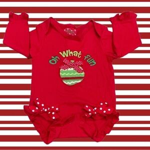 NWOT Kirkland’s Cre8tions 18M “Oh What Fun” w/Appliquéd Ornament Bows & Ruffles